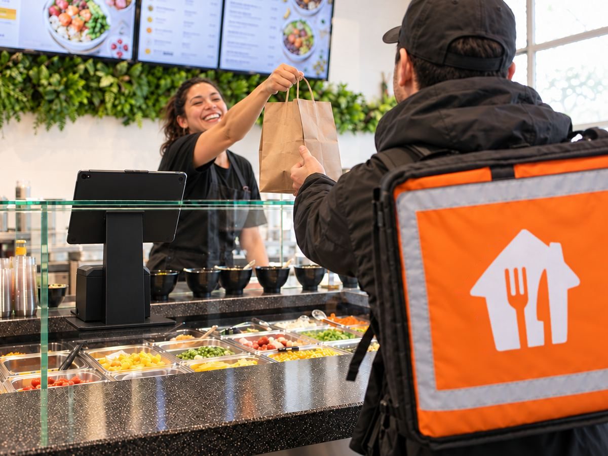 Une employée remet une commande à un livreur Just Eat, avec la Caisse Onesix sur le comptoir