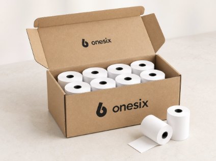 Carton de rouleaux de tickets Onesix avec des rouleaux devant