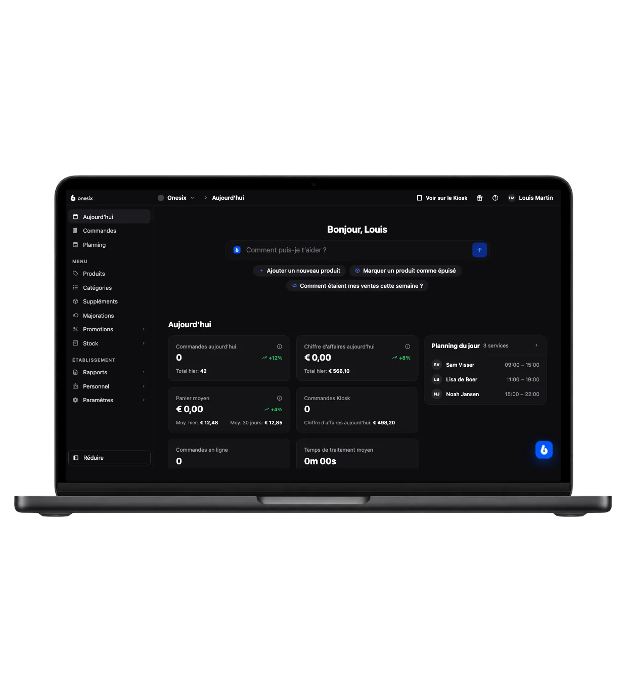 Le Tableau de bord Onesix sur un MacBook avec les chiffres du jour : commandes, chiffre d'affaires et panier moyen