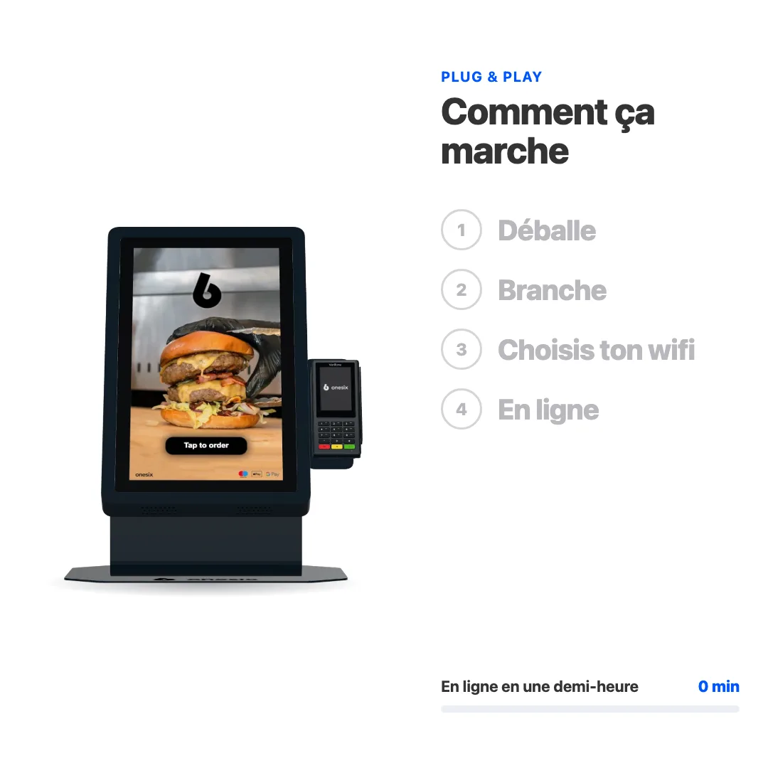 Animation : comment installer la Borne Onesix Pro Table. Déballer, brancher, choisir le wifi et c’est en ligne