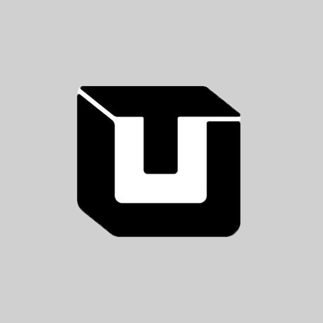 Black and white three-dimensional geometric cube with a stylized letter U on a gray background.